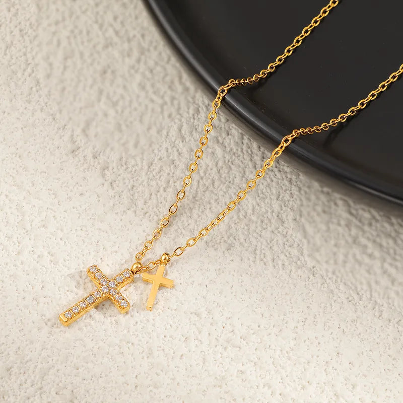 Double Cross Dangling 18K Gold Plated 304 Stainless Steel Necklace