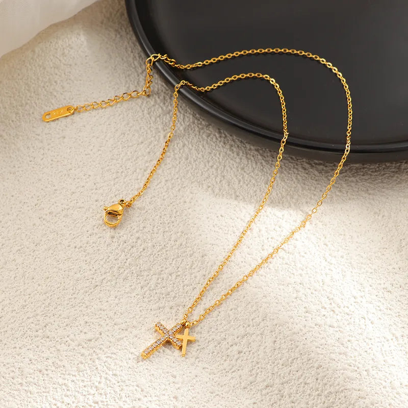 Double Cross Dangling 18K Gold Plated 304 Stainless Steel Necklace