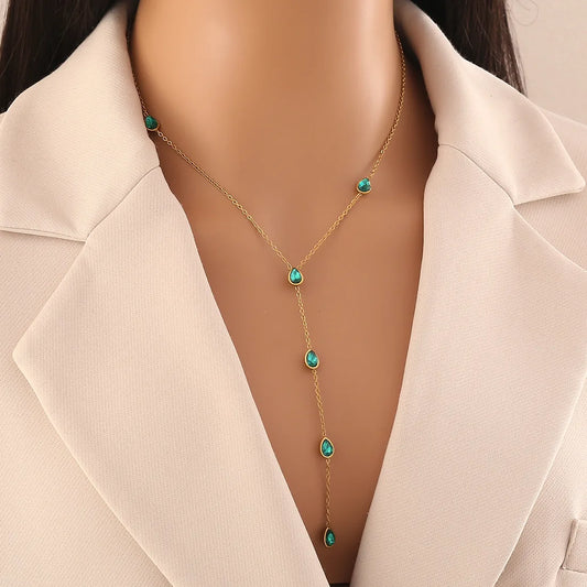 Emerald Green Water Droplets 304 Stainless Steel 18K Gold Plated Cable Chain Necklace