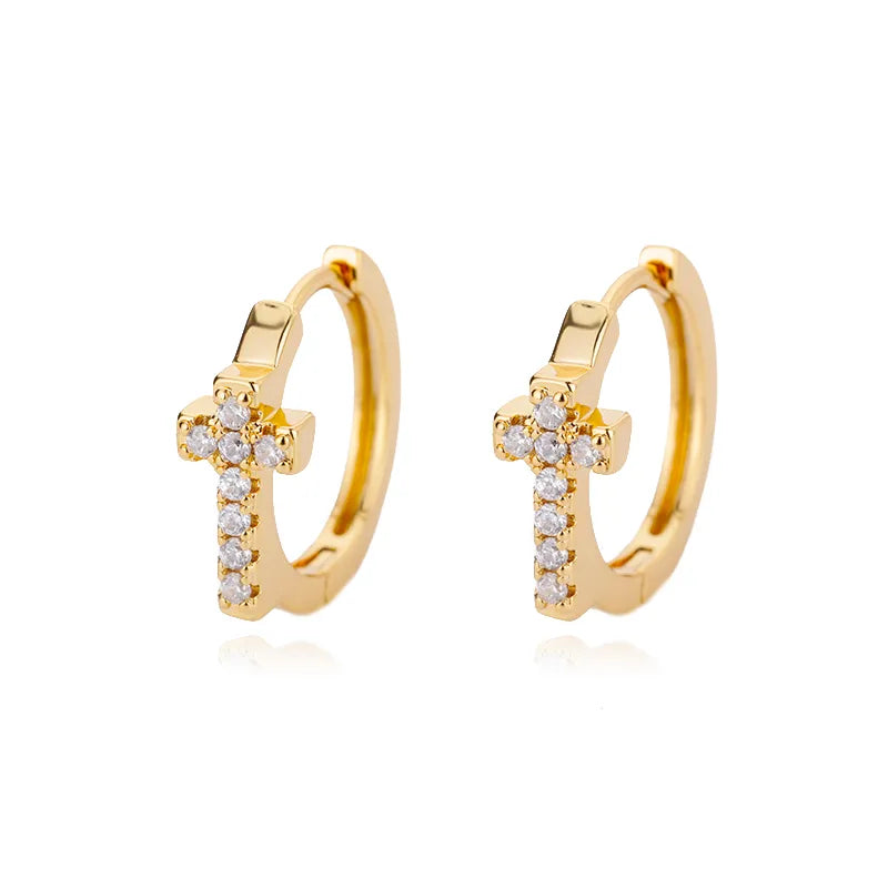 Cross Embedded Zirconia 18K Gold Plated 304 Stainless Steel Earring