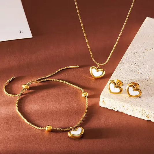 Cute French Classic Style Heart Shape 304 Stainless Steel 18K Gold Plated Earrings Necklace Jewelry Set