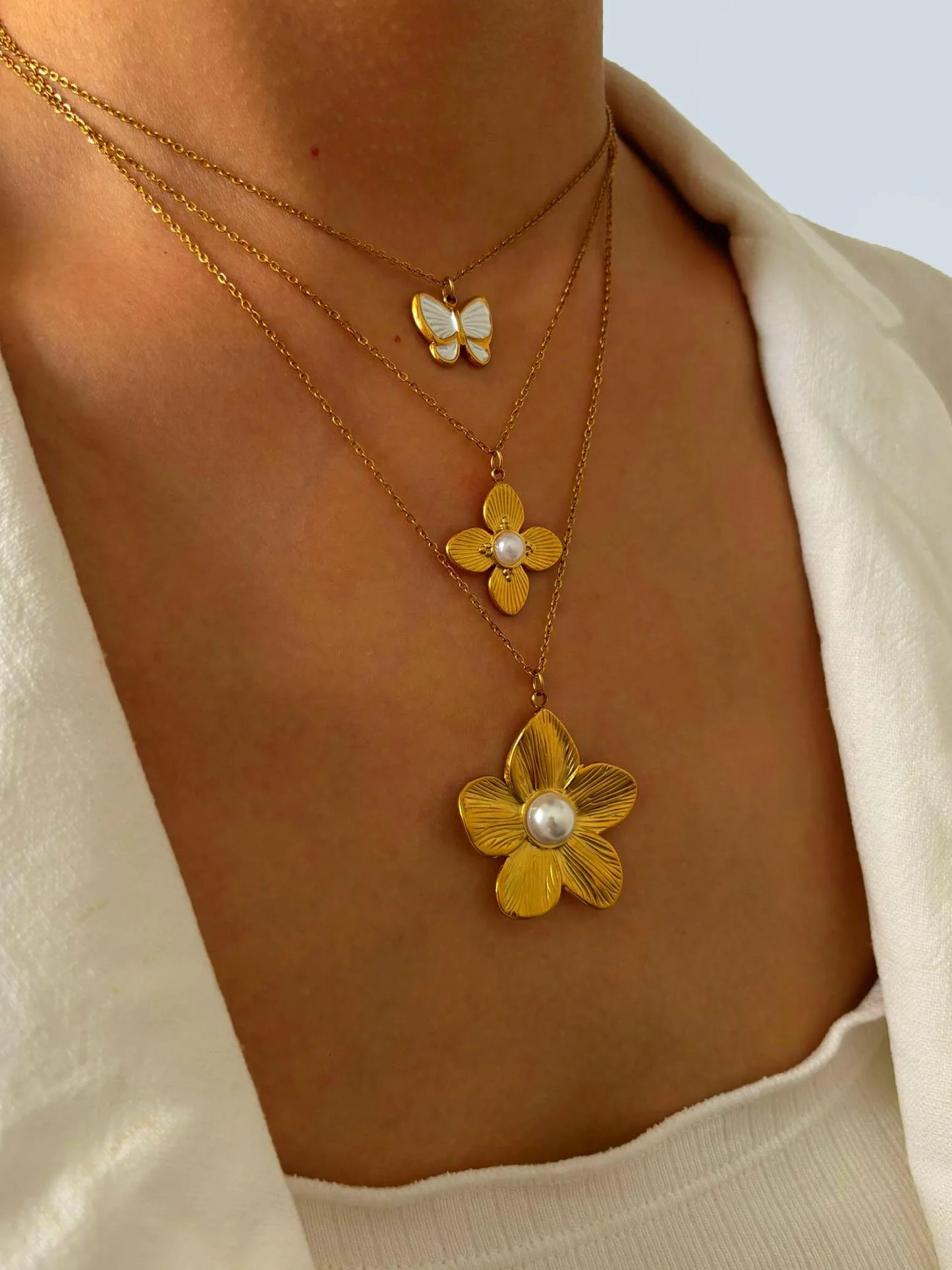 Flower Butterfly 316L Stainless Steel Imitation Pearl Enamel 18K Gold Plated Chain Necklace