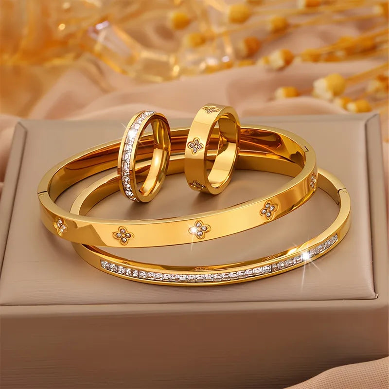 Embedded Zirconia 18K Gold Plated 304 Stainless Steel Bracelet Set