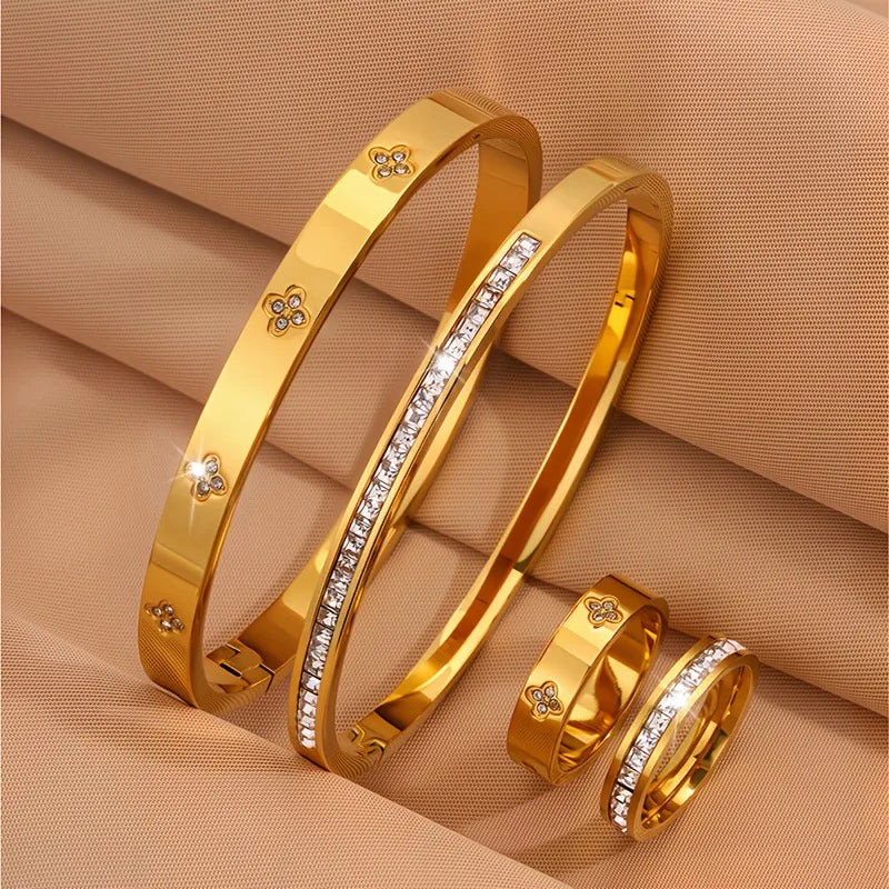 Embedded Zirconia 18K Gold Plated 304 Stainless Steel Bracelet Set