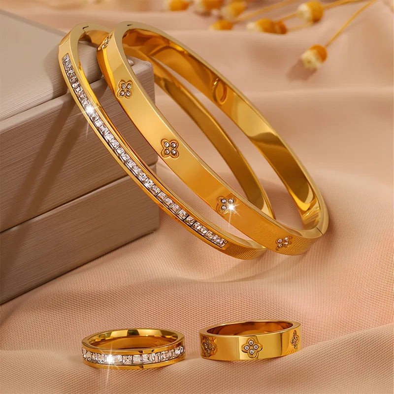 Embedded Zirconia 18K Gold Plated 304 Stainless Steel Bracelet Set