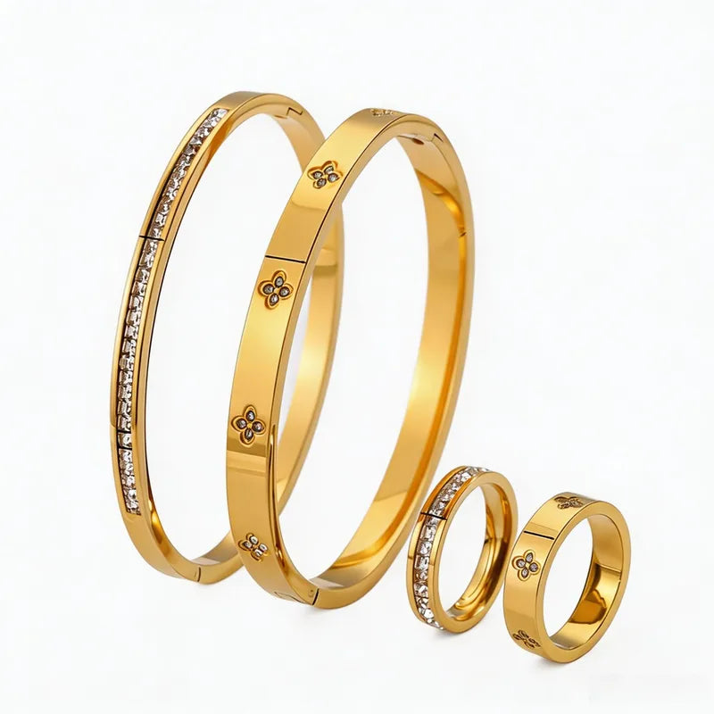 Embedded Zirconia 18K Gold Plated 304 Stainless Steel Bracelet Set