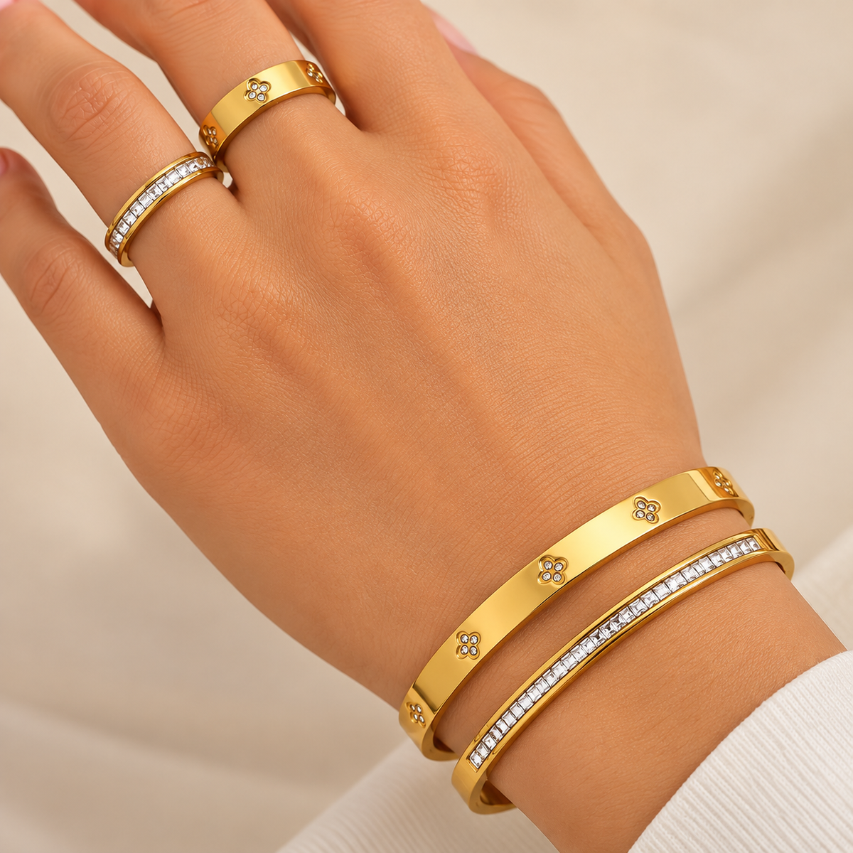 Embedded Zirconia 18K Gold Plated 304 Stainless Steel Bracelet Set