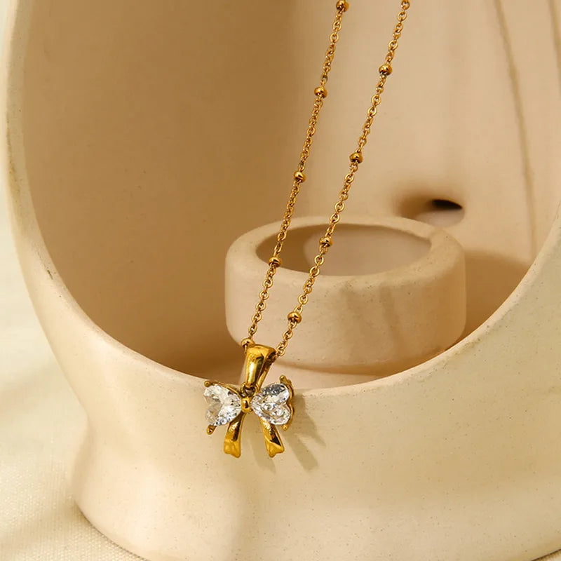 Pretty Zirconia Bow 18K Gold Plated 304 Stainless Steel Necklace
