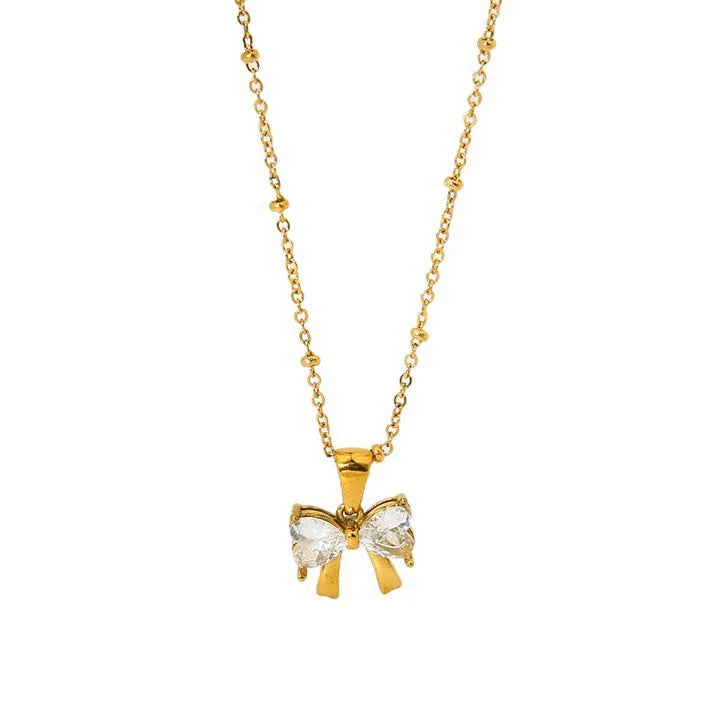 Pretty Zirconia Bow 18K Gold Plated 304 Stainless Steel Necklace
