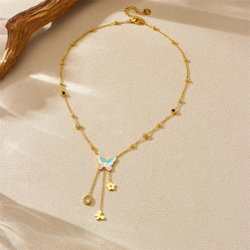 Pretty Colors Butterfly Gemmed 18K Gold Plated Necklace