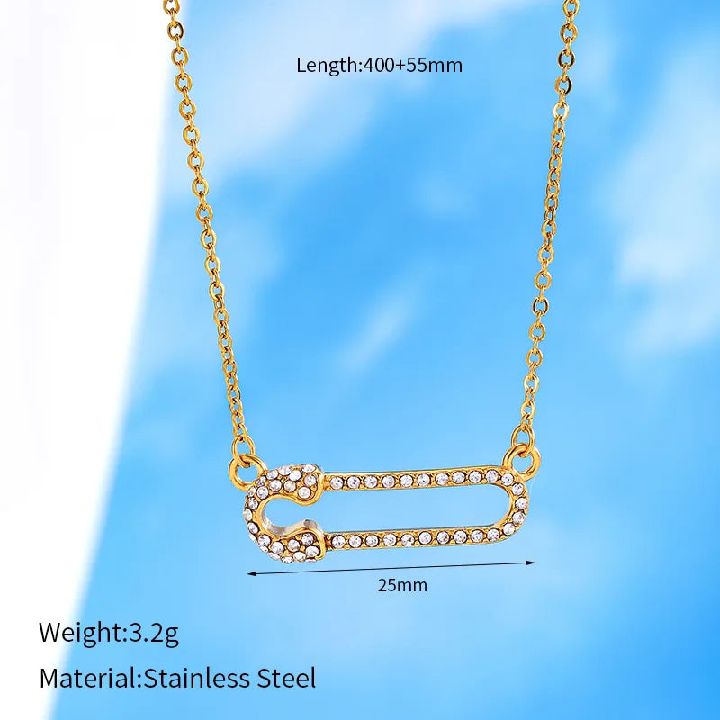 Paper Clip 304 Stainless Steel Rhinestones 18K Gold Plated Chain Pendant Necklace