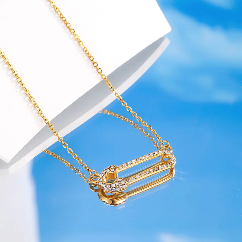 Paper Clip 304 Stainless Steel Rhinestones 18K Gold Plated Chain Pendant Necklace