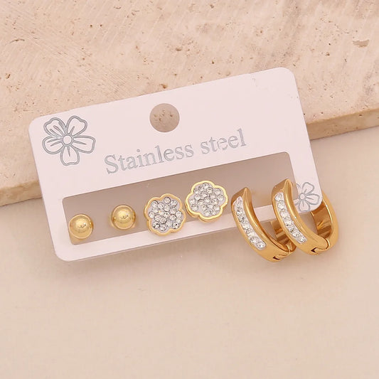 Clover 3Pc 304 Stainless Steel Rhinestones 18K Gold Plated Earring Set