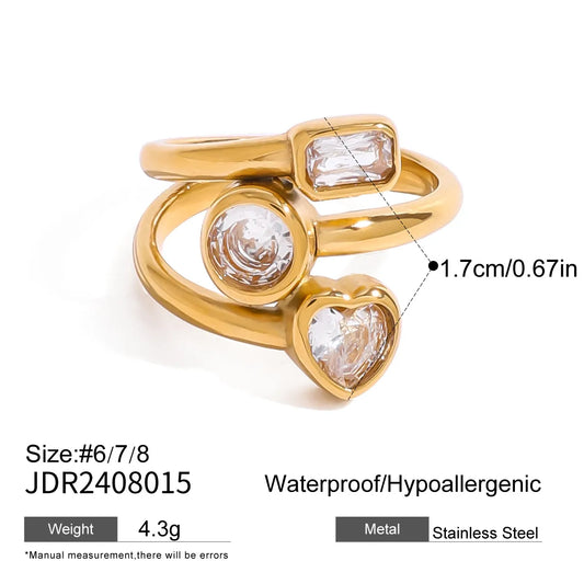 French Heart Geometric 304 Stainless Steel Zircon Plating Open Ring