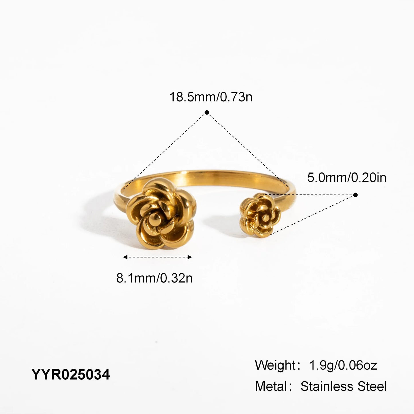 Romantic Rose 304 Stainless Steel 18K Gold Plated Open Rings