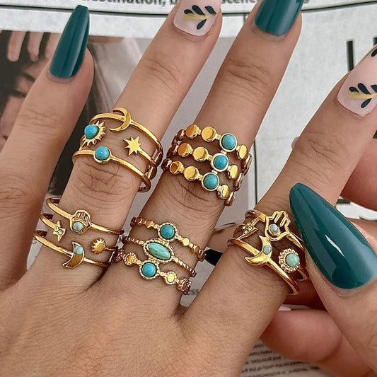 Turquoise Moon Star 18K Gold Plated 304 Stainless Steel Ring