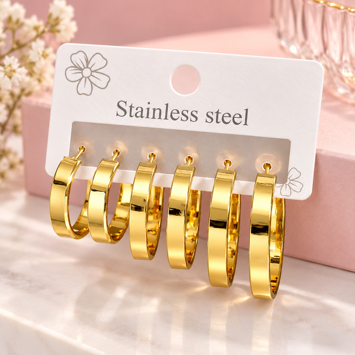 Simple Circular 18K Gold Plated 304 Stainless Steel Earring Set