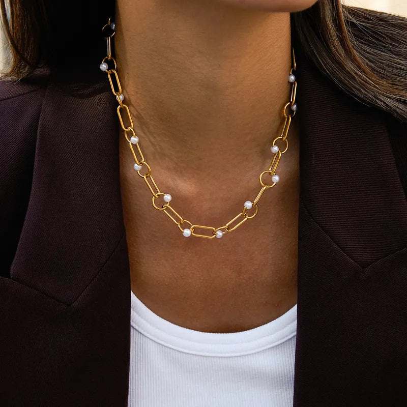 Pearls 304 Stainless Steel Chain And 18K Gold Plated PVD Necklace