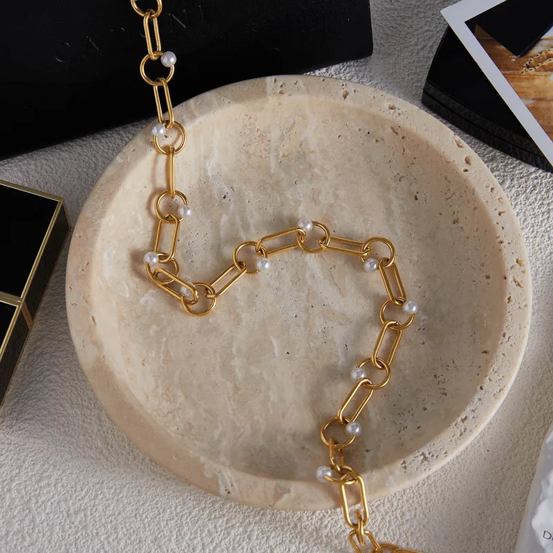 Pearls 304 Stainless Steel Chain And 18K Gold Plated PVD Necklace