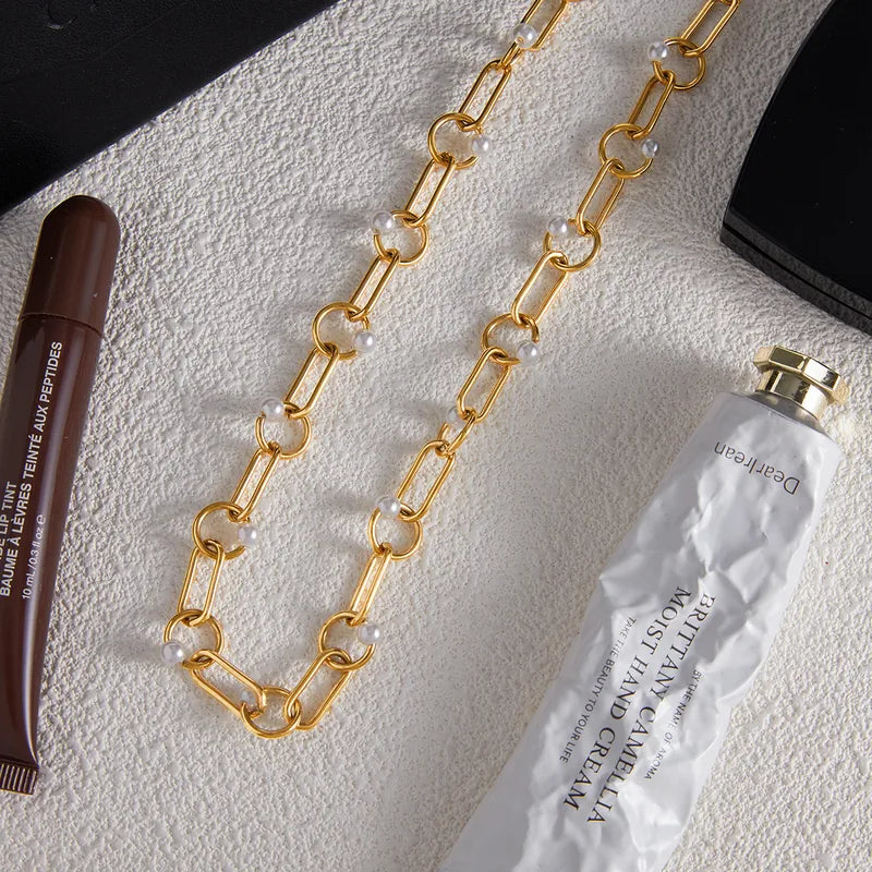 Pearls 304 Stainless Steel Chain And 18K Gold Plated PVD Necklace