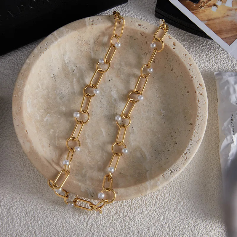 Pearls 304 Stainless Steel Chain And 18K Gold Plated PVD Necklace