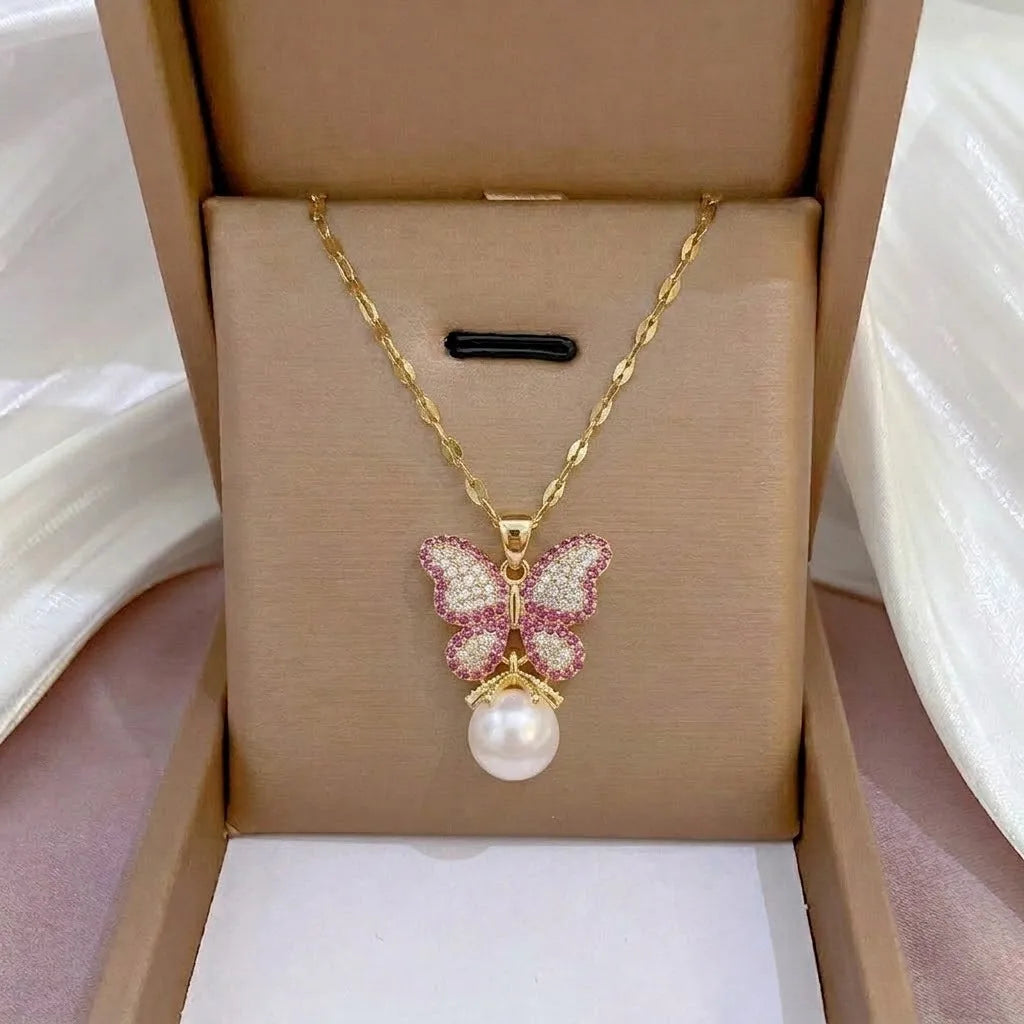 Pink Butterfly Pearl Gem 18K Gold Plated 304 Stainless Steel Necklace