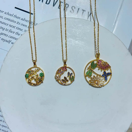 Sweet Pastoral Round Flower Dragonfly 304 Stainless Steel 18K Gold Plated Necklace