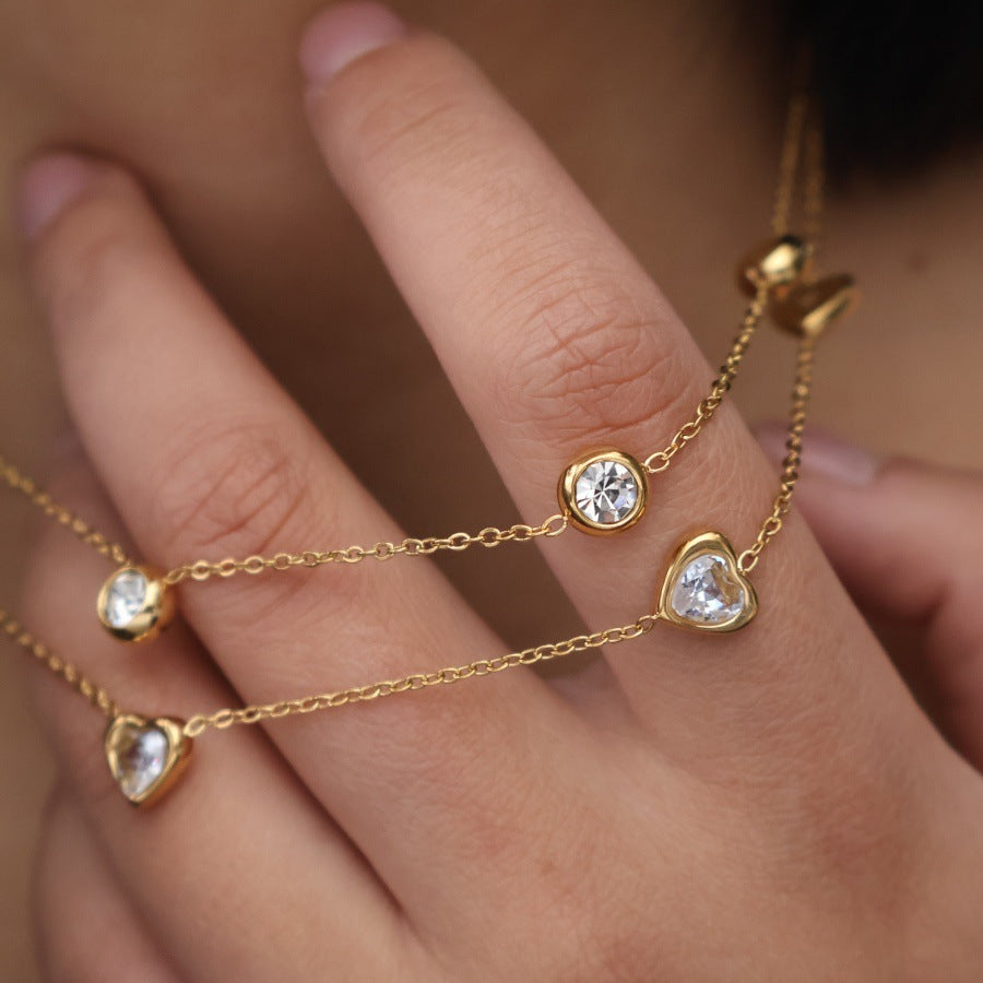 Vintage Style Round Diamond 304 Stainless Steel Zircon 18K Gold Plated Necklace