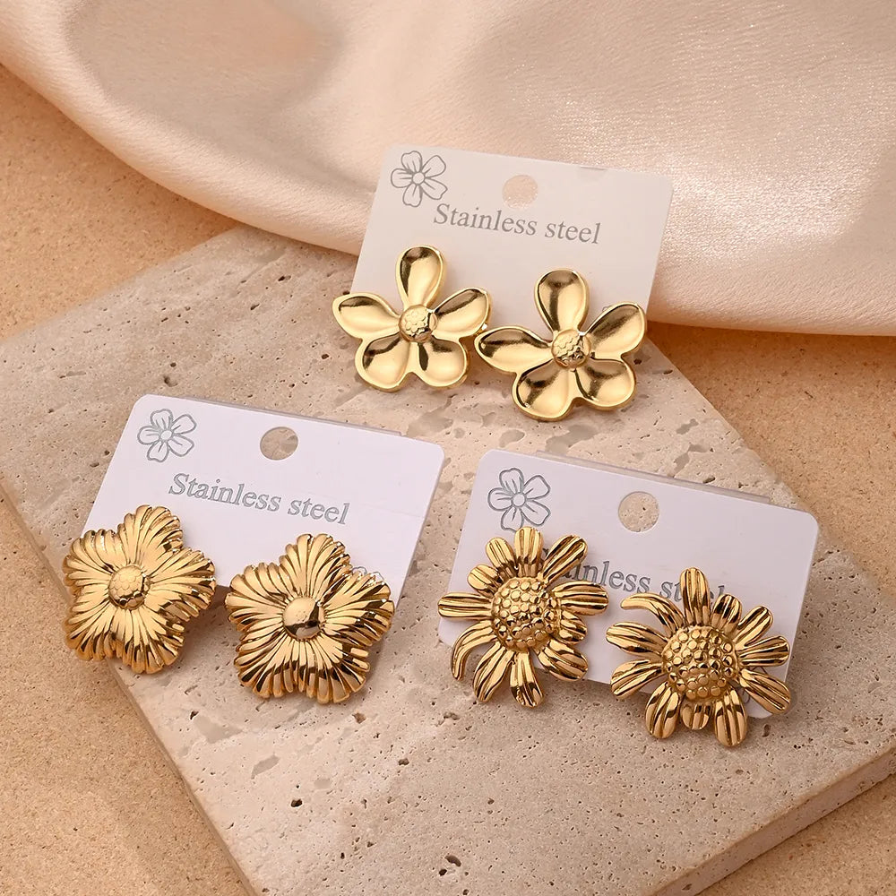 Sunflower Flower Polishing Plating 201 Stainless Steel 18K Gold Plated Earrings