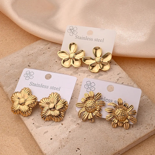 Sunflower Flower Polishing Plating 201 Stainless Steel 18K Gold Plated Earrings