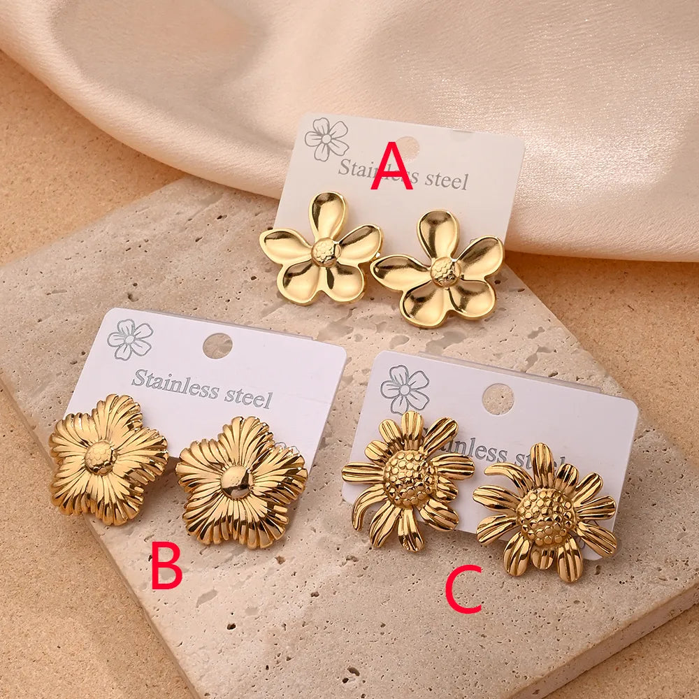 Sunflower Flower Polishing Plating 201 Stainless Steel 18K Gold Plated Earrings