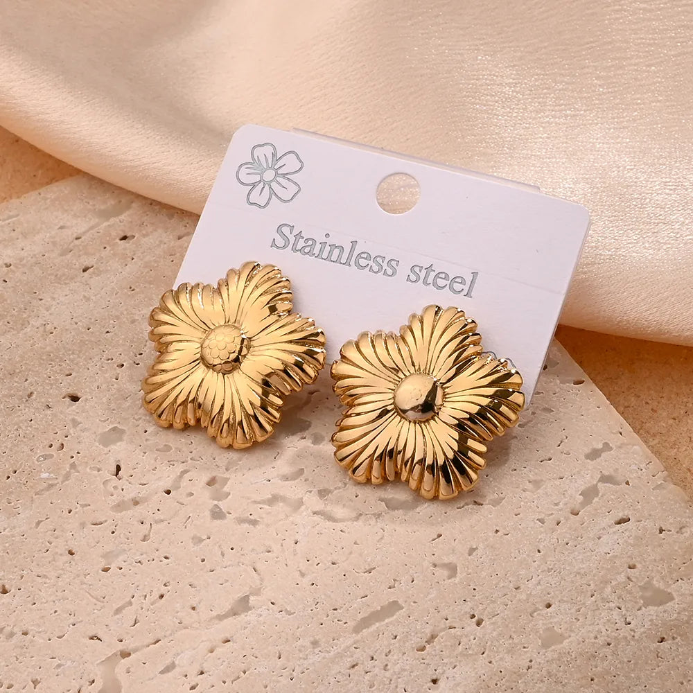Sunflower Flower Polishing Plating 201 Stainless Steel 18K Gold Plated Earrings