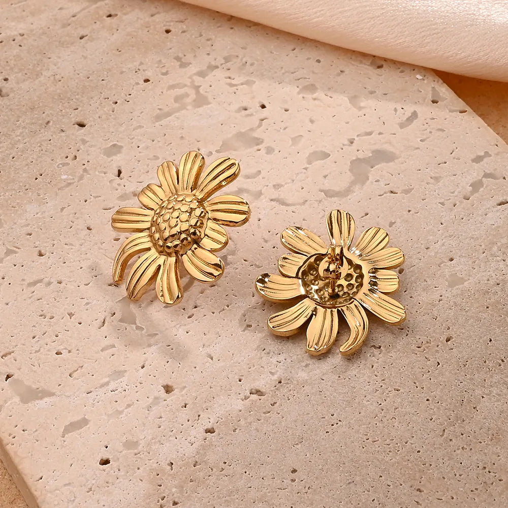 Sunflower Flower Polishing Plating 201 Stainless Steel 18K Gold Plated Earrings