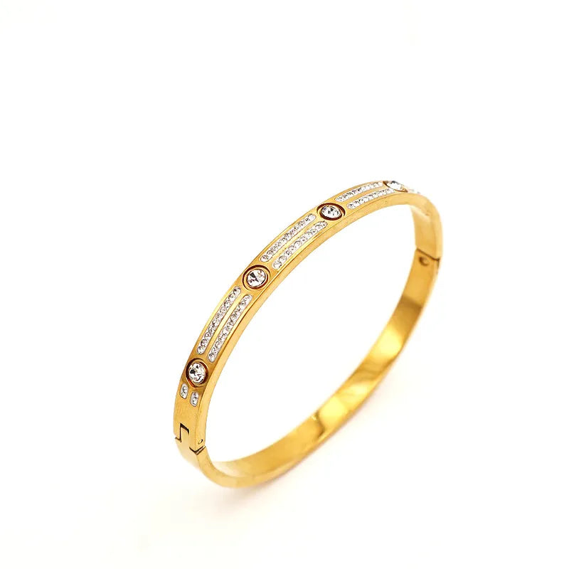 Retro Classic Style Geometric 304 Stainless Steel 18K Gold Plated Diamond Bangle