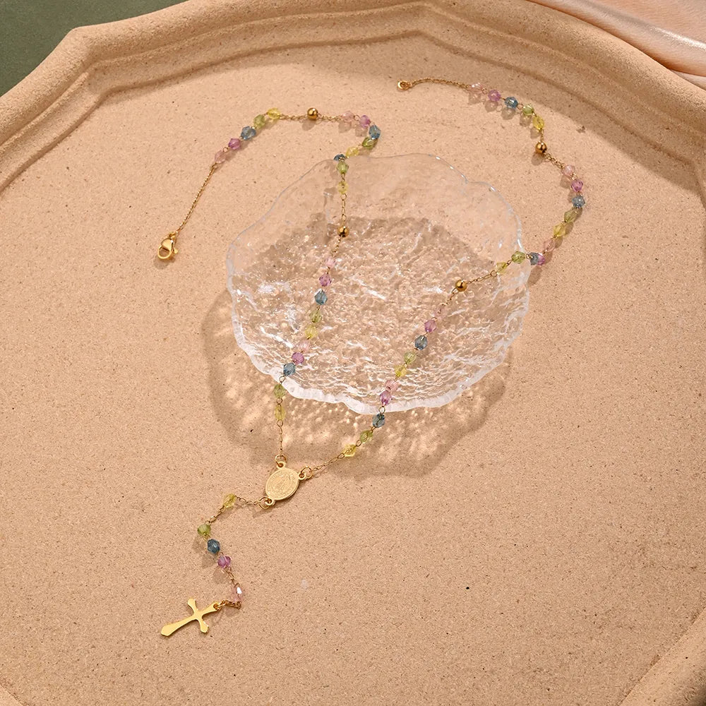 Virgin Mary 304 Stainless Steel Glass Bead 18K Gold Plated  Chain Necklace