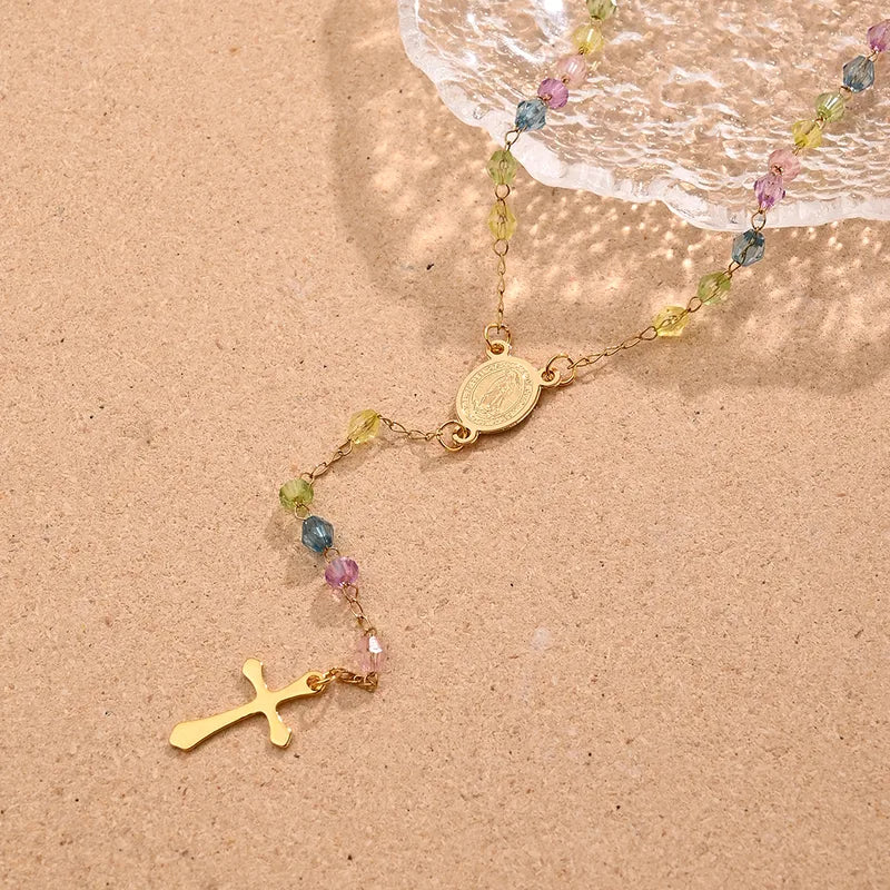 Virgin Mary 304 Stainless Steel Glass Bead 18K Gold Plated  Chain Necklace