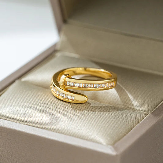Nail Copper 18K Gold Plated Zircon Open Ring
