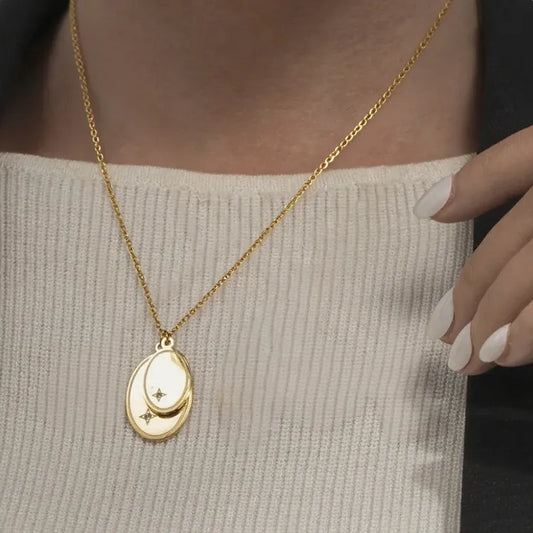 Vintage Oval Pendant Stainless Steel 18K Gold Plated Necklace