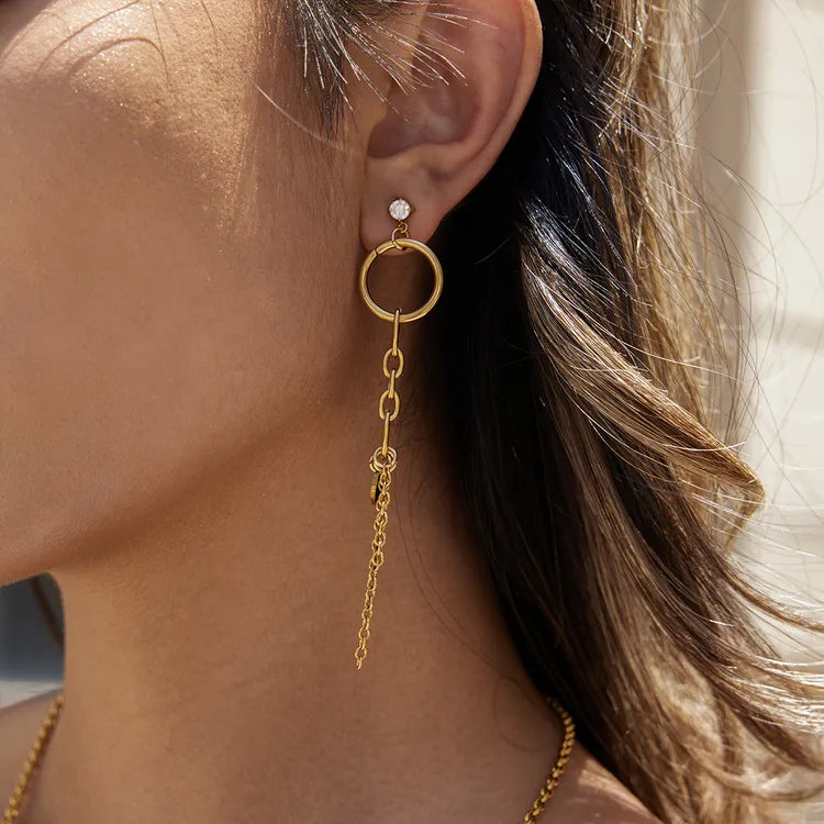 Modern Minimalist 18K Gold Plated Stainless Steel Zirconia White Tassel Earrings