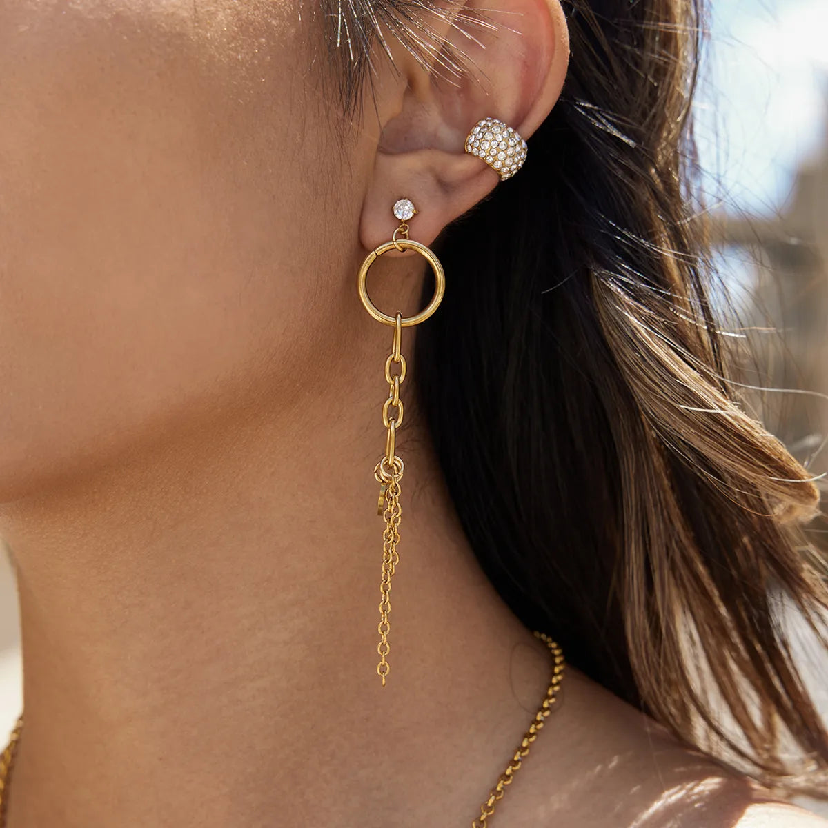 Modern Minimalist 18K Gold Plated Stainless Steel Zirconia White Tassel Earrings