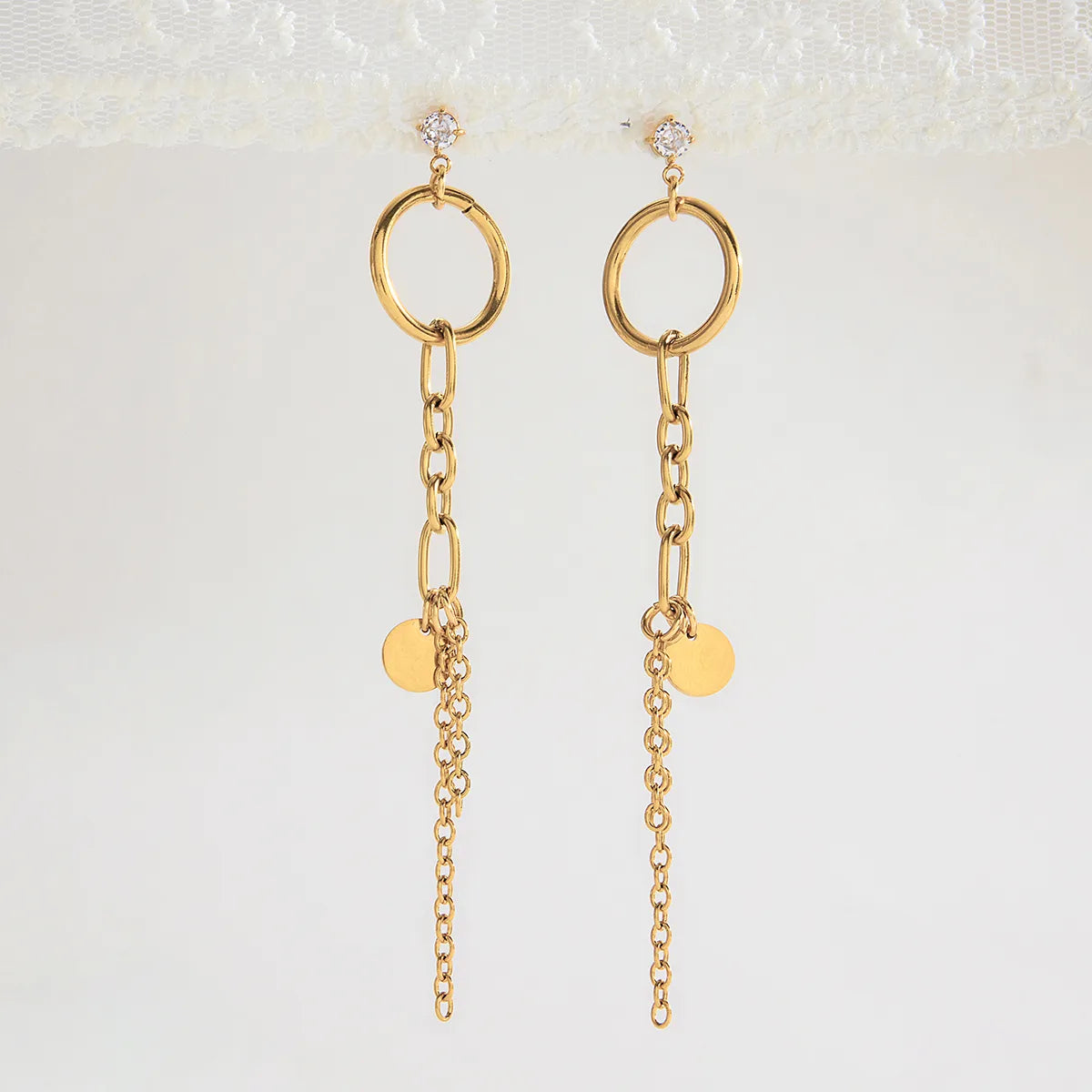 Modern Minimalist 18K Gold Plated Stainless Steel Zirconia White Tassel Earrings