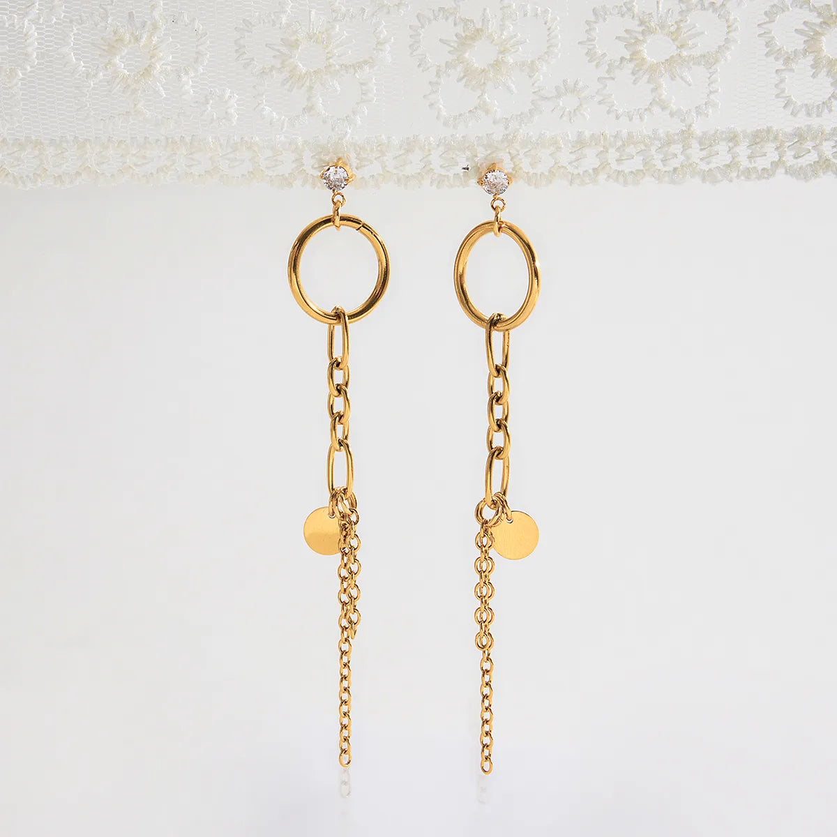 Modern Minimalist 18K Gold Plated Stainless Steel Zirconia White Tassel Earrings