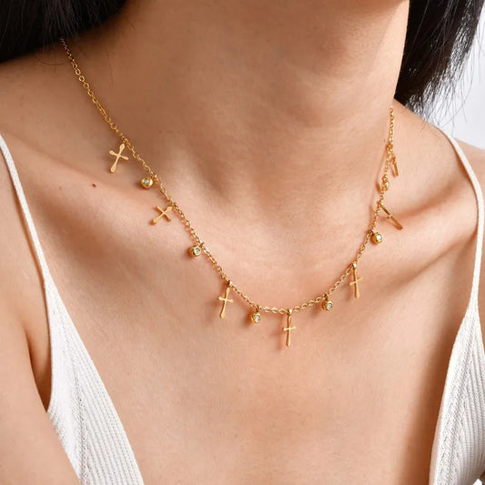 Cross Zircon Elegant Collarbone 18K Gold Plated Necklace