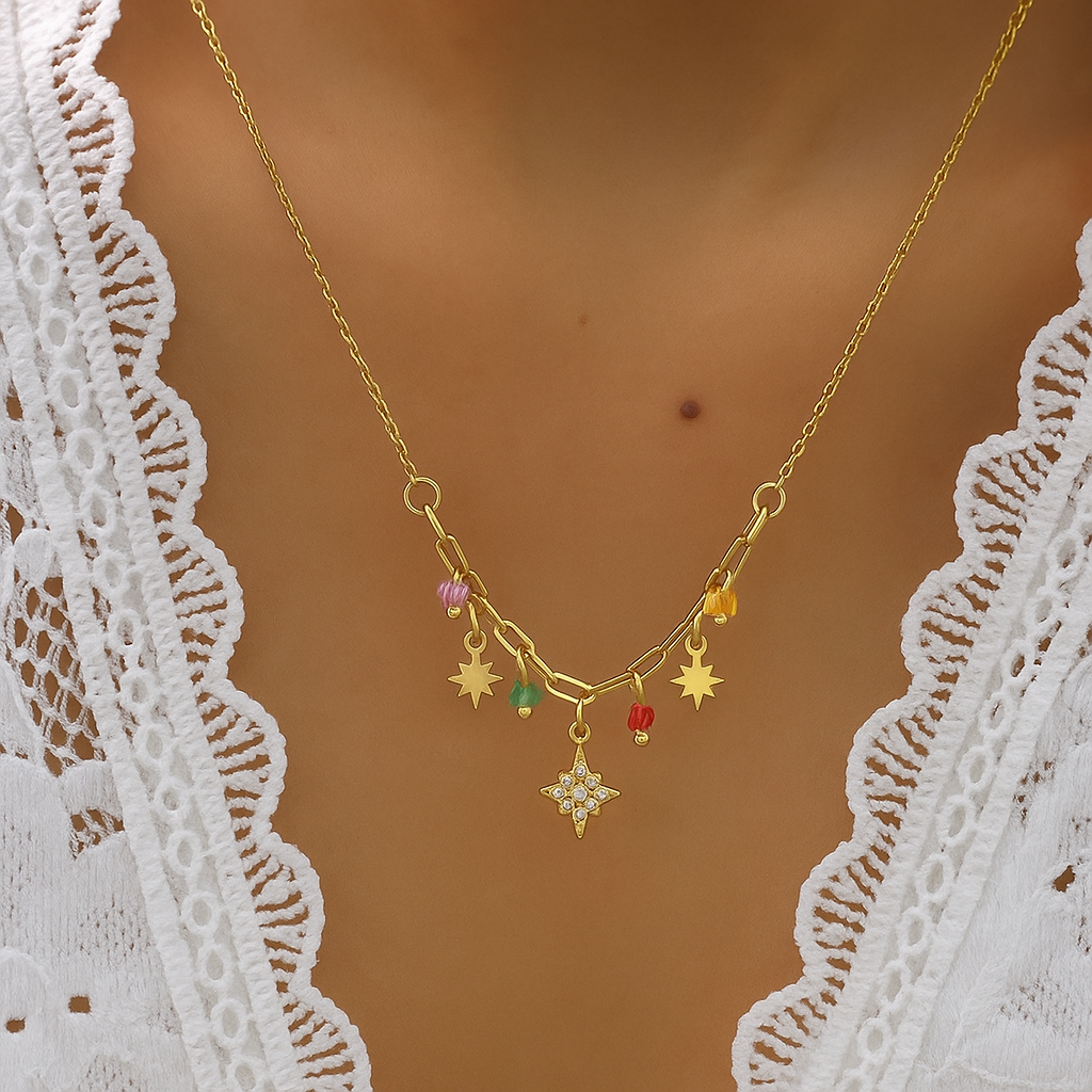 Eight-Pointed Star Design Collarbone 18K Gold Titanium Steel Necklace