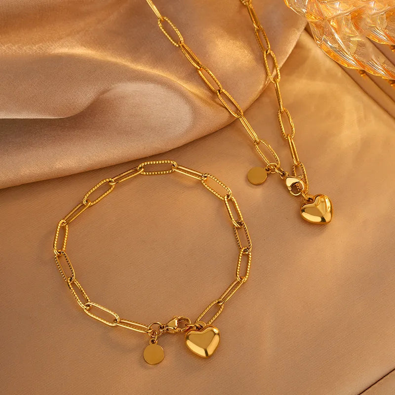 Heart 18K Gold Plated Paper Clip Heart Shape 304 Stainless Steel Bracelets/ Necklace Jewelry Set