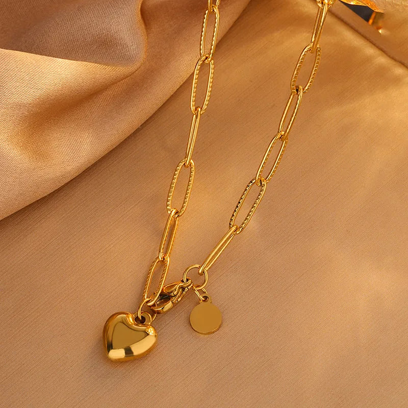 Heart 18K Gold Plated Paper Clip Heart Shape 304 Stainless Steel Bracelets/ Necklace Jewelry Set