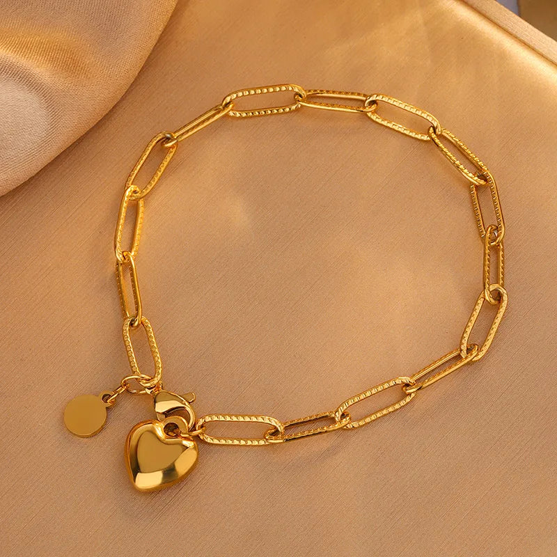 Heart 18K Gold Plated Paper Clip Heart Shape 304 Stainless Steel Bracelets/ Necklace Jewelry Set