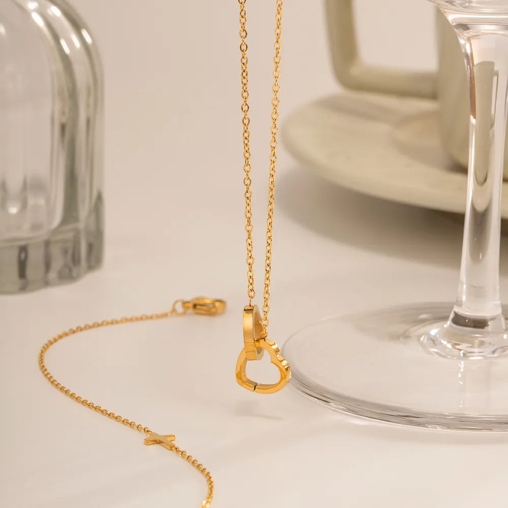 Double Heart Ring 18K Gold Plated Stainless Steel Necklace