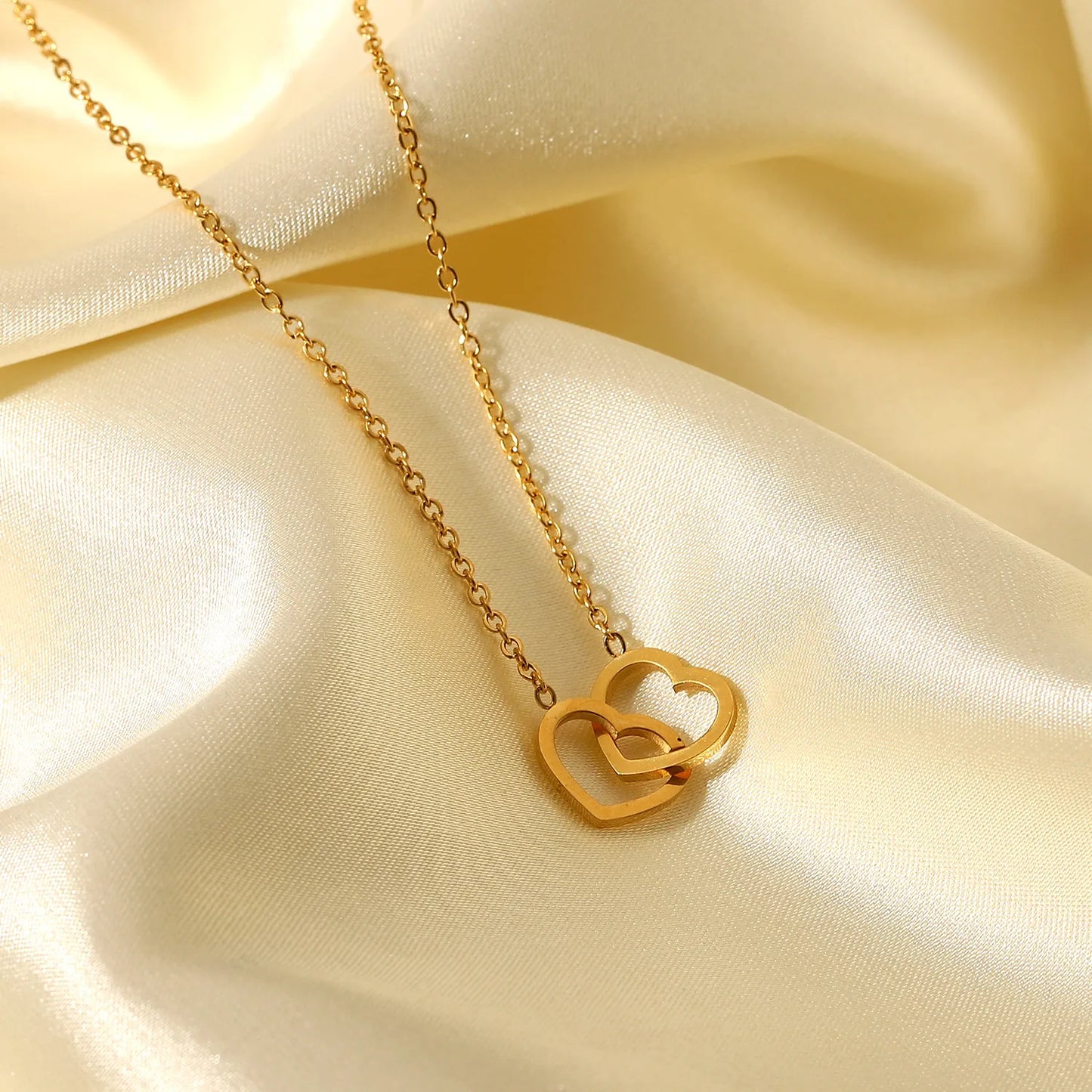 Double Heart Ring 18K Gold Plated Stainless Steel Necklace