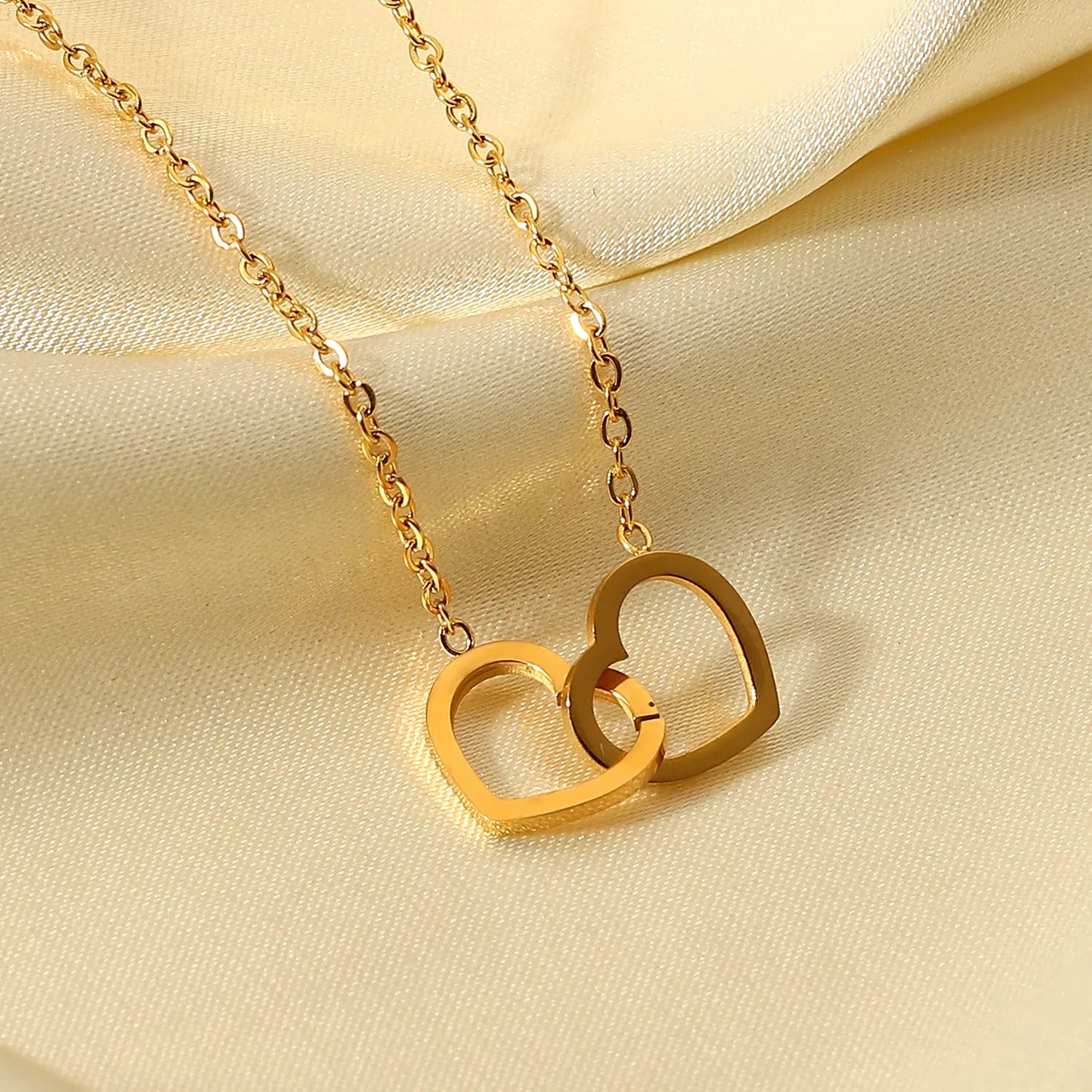 Double Heart Ring 18K Gold Plated Stainless Steel Necklace